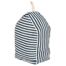 Load image into Gallery viewer, BEACH HUT DOOR STOP - A cute and practical doorstop, home decor idea, perfect for a beach-side abode. This fabric door stop is shaped like a striped beach hut and is weighted with sand on the bottom. Webbed loop at top. Unique gift ideas. Summertime home accessory.      Beach home and living, Beach cottage, Sea place home decor idea     Colours: navy blue and white     Material: Fabric     Dimensions: H28cm x W15cm x D10cm Weight: 670g