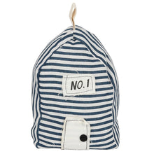 Load image into Gallery viewer, BEACH HUT DOOR STOP - A cute and practical doorstop, home decor idea, perfect for a beach-side abode. This fabric door stop is shaped like a striped beach hut and is weighted with sand on the bottom. Webbed loop at top. Unique gift ideas. Summertime home accessory.      Beach home and living, Beach cottage, Sea place home decor idea     Colours: navy blue and white     Material: Fabric     Dimensions: H28cm x W15cm x D10cm Weight: 670g