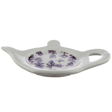 Load image into Gallery viewer, 3 Lavender Fields Pick of the Bunch Porcelain Teapot Shaped Teabag Dish/Holder. An object that cannot be missing in the cupboard or on the table of tea time lovers. British elegant gift idea!      Material: Porcelain     Food Safe: Yes     Dishwasher Safe: Yes     Dimensions: Height 1.5cm Width 15cm Depth 10.5cm Weight 0.170 each