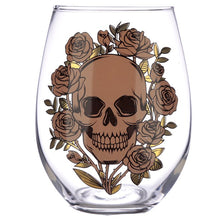 Load image into Gallery viewer, stylish and spooky glasses - each with a capacity of 500 ml approx - is an ideal size for any kind of drinks (wine, juice, cocktails or a large gin & tonic with botanicals). Featuring a skulls and roses decoration (mexican style), one glass is decorated in a matt peach colour and the other with a shiny gold colour. The item comes inside a gift box to make a great gift. Home decor item / romantic gothic table decor / Halloween / day of the dead gift idea