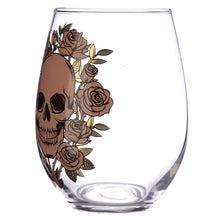 Load image into Gallery viewer, stylish and spooky glasses - each with a capacity of 500 ml approx - is an ideal size for any kind of drinks (wine, juice, cocktails or a large gin & tonic with botanicals). Featuring a skulls and roses decoration (mexican style), one glass is decorated in a matt peach colour and the other with a shiny gold colour. The item comes inside a gift box to make a great gift. Home decor item / romantic gothic table decor / Halloween / day of the dead gift idea