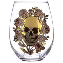 Load image into Gallery viewer, stylish and spooky glasses - each with a capacity of 500 ml approx - is an ideal size for any kind of drinks (wine, juice, cocktails or a large gin & tonic with botanicals). Featuring a skulls and roses decoration (mexican style), one glass is decorated in a matt peach colour and the other with a shiny gold colour. The item comes inside a gift box to make a great gift. Home decor item / romantic gothic table decor / Halloween / day of the dead gift idea
