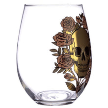 Load image into Gallery viewer, stylish and spooky glasses - each with a capacity of 500 ml approx - is an ideal size for any kind of drinks (wine, juice, cocktails or a large gin & tonic with botanicals). Featuring a skulls and roses decoration (mexican style), one glass is decorated in a matt peach colour and the other with a shiny gold colour. The item comes inside a gift box to make a great gift. Home decor item / romantic gothic table decor / Halloween / day of the dead gift idea
