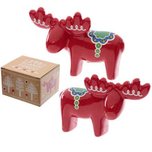Load image into Gallery viewer, 2 pieces Scandinavian style Moose Ceramic Salt and Pepper Set Christmas Table decor Setting - Red reindeers table ornaments. Lovely home decor item and gift idea. Homeware collection Material: Ceramic Food Safe: Yes Microwave Safe: No Dishwasher Safe: No Dimensions: Height 8cm Width 12cm Depth 3.5cm Weight 0.300 Kg
