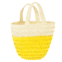 Load image into Gallery viewer, Lovely Mini Woven Flower Basket - This Easter, send the little ones off on their Easter egg hunt with a sweet woven straw basket! Available in two tones (yellow and pink), the bags are stuffed with hay-paper and colourful Easter eggs! Used as a Decorative item too.  Let's the Easter Egg Hunt begin :)      Material:  Felt, Straw     Dimensions: Length 20 cm Width 16 cm
