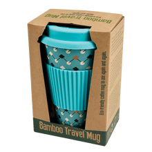Load image into Gallery viewer, This eco-friendly travel mug comes in a bold Atomic Blue design, and is made from bamboo fibre. Complete with a silicone lid and sleeve to prevent spillages and protect hands.