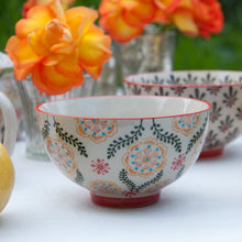 Load image into Gallery viewer, Set of 3 beautiful Barcelona design Moorish style small stoneware bowls with hand-painted flowers on cream stoneware. These articles would make a brilliant present for a foodie friend. Both dishwasher and microwave safe. Gift idea - Table decoration collection. Material: Stoneware (Kitchenware ornament) Length: 11 cm X Height: 7.5 cm X Width: 11 cm