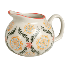 Load image into Gallery viewer, This beautiful Barcelona design Moorish small milk jug with hand-painted flowers on cream stoneware would make a brilliant present for a foodie friend. Elegant gift idea (Table decoration collection). Both dishwasher and microwave safe. Jug capacity:  1/2 Pint 0.28 L. Material: Stoneware (kitchenware item) Dimensions: Length: 11 cm X Height: 8 cm X Width: 5.5 cm