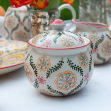 Load image into Gallery viewer, This beautiful stoneware Barcelona design sugar bowl with hand-painted flowers on cream stoneware would make a brilliant present for a foodie friend. Both dishwasher and microwave safe. Moorish style. Gift idea (table decoration collection). Material: Stoneware (kitchenware ornament) Dimensions: Length: 9 cm X Height: 11 cm X Width: 9 cm