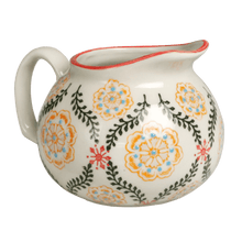 Load image into Gallery viewer, This beautiful Barcelona design Moorish small milk jug with hand-painted flowers on cream stoneware would make a brilliant present for a foodie friend. Elegant gift idea (Table decoration collection). Both dishwasher and microwave safe. Jug capacity:  1/2 Pint 0.28 L. Material: Stoneware (kitchenware item) Dimensions: Length: 11 cm X Height: 8 cm X Width: 5.5 cm