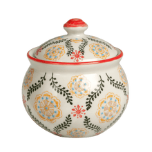Load image into Gallery viewer, This beautiful stoneware Barcelona design sugar bowl with hand-painted flowers on cream stoneware would make a brilliant present for a foodie friend. Both dishwasher and microwave safe. Moorish style. Gift idea (table decoration collection). Material: Stoneware (kitchenware ornament) Dimensions: Length: 9 cm X Height: 11 cm X Width: 9 cm