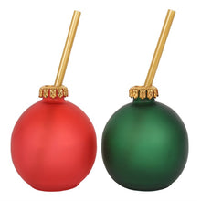 Load image into Gallery viewer, 'Set of 2 Bauble Glasses' - This set of festive glass like bubbles is sure to make Christmas even more merry! The set contains one red and one green frosted glass baubles with a reusable gold coloured plastic straw. The baubles come packaged in a gift box tied with twine. Drinkware Christmas balls, home decor, gift idea Gift Box Dimensions: H:9cm W:18cm D:11cm