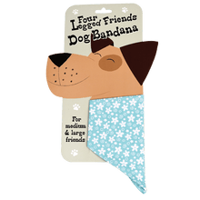 Load image into Gallery viewer, 'Turquoise Ditsy Floral Dog Bandana' Ensure your dog stands out from the pack with our fun slip on bandana, from the Four Legged Friends range. Simply pop this ditsy floral print dog bandana onto your dog's collar for instant style! Suitable for medium and large dogs.      Machine washable     100% cotton     Also available in paisley, polka dot, and paw and cross bones designs.     Large size (Length: 17 cm Width: 24 cm)