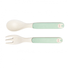 Load image into Gallery viewer,  'Bibi The Bunny Bamboo Cutlery Set - Part of the wonderful range of original tableware, this bamboo fibre spoon and fork set is perfect for little hands. take it with you when the little ones have to eat and they will learn to respect the environment by using these cutlery in natural materials'      Spoon: 14cm (length) 2.5cm (width)     Fork: 14cm (length) 2cm (width)     Matching bowl, beaker and plate available     Dishwasher safe     Not for microwave
