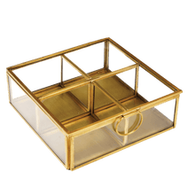 Load image into Gallery viewer, From the Jaipur glassware collection, this four-compartment brass jewellery box is a classic way to store earrings, bracelets and more. Useful home decor item and gift idea!  Brass 4 compartment jewellery box, Each compartment measures: 7 x 7 x 4.5cm; Padding on each corner to avoid damage to surfaces; Material Glass, Brass