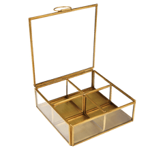 Load image into Gallery viewer, From the Jaipur glassware collection, this four-compartment brass jewellery box is a classic way to store earrings, bracelets and more. Useful home decor item and gift idea!  Brass 4 compartment jewellery box, Each compartment measures: 7 x 7 x 4.5cm; Padding on each corner to avoid damage to surfaces; Material Glass, Brass