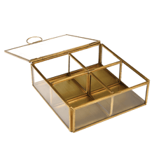 Load image into Gallery viewer, From the Jaipur glassware collection, this four-compartment brass jewellery box is a classic way to store earrings, bracelets and more. Useful home decor item and gift idea!  Brass 4 compartment jewellery box, Each compartment measures: 7 x 7 x 4.5cm; Padding on each corner to avoid damage to surfaces; Material Glass, Brass