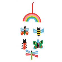 Load image into Gallery viewer, 'If you are looking for a colourful way to decorate the children's cots, this cardboard 'bugs' baby mobile with high contrast colours, exclusive design (with butterflies, bees and lady birds), will add a lovely touch of sweetness to your kid's room!'      Includes hanging ribbon     Length (inc. ribbon): 48cm     Width (widest point): 15cm     Caution: Choking hazard. Hang this mobile out of the reach of children. This item is a decoration, not a toy.