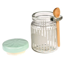 Load image into Gallery viewer, '2 Condiment Jar With Spoon Rustic-Shabby Chic style' Perfect for spice mixes, salt and pepper, this little jar and matching wooden serving spoon is super handy for the kitchen. Hand wash only. Lovely home decor item and kitchenware gift idea!