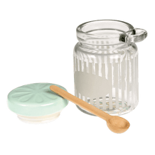 Load image into Gallery viewer, '2 Condiment Jar With Spoon Rustic-Shabby Chic style' Perfect for spice mixes, salt and pepper, this little jar and matching wooden serving spoon is super handy for the kitchen. Hand wash only. Lovely home decor item and kitchenware gift idea!