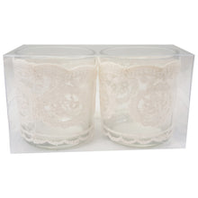 Load image into Gallery viewer, 'Set of 2 white cream lace candles holders' - This collection of glass candles holders will look stunning in any home decoration or centerpiece for your table. Effects and finish: Lace. Tealight scented candles included.