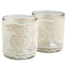 Load image into Gallery viewer, 'Set of 2 white cream lace candles holders' - This collection of glass candles holders will look stunning in any home decoration or centerpiece for your table. Effects and finish: Lace. Tealight scented candles included.