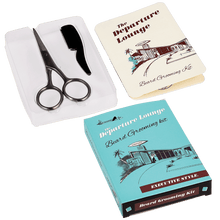 Load image into Gallery viewer, A fun novelty gift for any bearded gent: a product that cannot be missing in the bag of a traveller who loves self-care. A gift loved by the Hipsters! This elegant old fashioned Departure Lounge design grooming kit contains:  1 x scissors, 1 x plastic comb, 1 x instructions leaflet. Dimensions: Length 11 cm Width 8 cm Material: Metal, Card, Plastic.  Travel kit / Man accessories / hairstyle and beard beauty selfcare