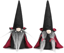Load image into Gallery viewer, '2 Halloween Handmade Gnomes Gonks' Vampire Design Ornaments with Witch Cloak and Hat. Perfect as a Holiday present. Unique gift for Vampires lovers and Gnomes collectors. Funny spooky home decor items collection. Bring and increase Halloween atmosphere with these Dracula Gnomes at home! Material: Non-woven Size: approx. 20 cm X 6 cm approx. Gift box included