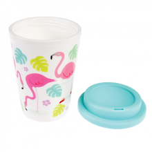 Load image into Gallery viewer, 'Reusable plastic mug in original Pink Flamingo Bay print - Drink your favourite drinks with this lovely travel mug. Make your coffee time stylish drinking from this colorful, cool and handy mug. Lovely gift idea, perfect present for flaming lovers'.  Details  - Holds approx. 350ml  - Dishwasher safe (top rack only)  - Not for microwave  - BPA free plastic  Dimensions: Length 9.5cm Height 13.5 cm Width 9.5cm