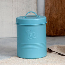 Load image into Gallery viewer, 'Kind Blue Vintage Romantic Rustic Shabby Chic style Tea Tin' Bring a gorgeous vintage flavor into your kitchen with this 40s inspired tea tin, in a beautiful powder blue colour. With an air tight lid to keep your tea bags fresh. Home decor item and lovely gift idea!