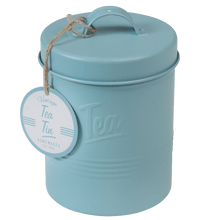 Load image into Gallery viewer, 'Kind Blue Vintage Romantic Rustic Shabby Chic style Tea Tin' Bring a gorgeous vintage flavor into your kitchen with this 40s inspired tea tin, in a beautiful powder blue colour. With an air tight lid to keep your tea bags fresh. Home decor item and lovely gift idea!