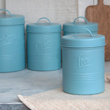 Load image into Gallery viewer, 'Kind Blue Vintage Romantic Rustic Shabby Chic style Tea Tin' Bring a gorgeous vintage flavor into your kitchen with this 40s inspired tea tin, in a beautiful powder blue colour. With an air tight lid to keep your tea bags fresh. Home decor item and lovely gift idea!