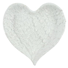 Load image into Gallery viewer,  GLITTER HEART SHAPED ANGEL WING TRINKET DISH This beautiful angel wing inspired jewellery white dish is presented in the shape of a heart. The dish is finished with clear glitter flakes to give a beautiful sparkly effect when the light catches it. Home decor item and Christmas gift idea :)      Material: Resin     Dimensions: Height:16cm Width:16cm Diameter: 3cm