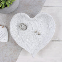 Load image into Gallery viewer,  GLITTER HEART SHAPED ANGEL WING TRINKET DISH This beautiful angel wing inspired jewellery white dish is presented in the shape of a heart. The dish is finished with clear glitter flakes to give a beautiful sparkly effect when the light catches it. Home decor item and Christmas gift idea :)      Material: Resin     Dimensions: Height:16cm Width:16cm Diameter: 3cm