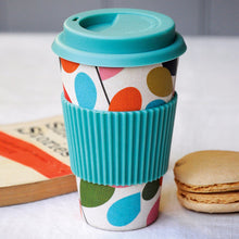 Load image into Gallery viewer, Vintage Style, Autumn leaves/Ivy Travel Mug is made by bamboo, good quality material. A trendy well printed travel mug in a presentation box. This mug comes with a silicone lid and sleeve to keep hot drinks safe on the go! Lovely home decor item and gift idea.  Dishwasher safe (excluding silicone lid and sleeve) Do not put in the microwave Travel, Breakfast, Drinks and Tea time accessory Material: Bamboo fibers, Cardboard, Melamine, Silicone Warm pastel colors: green, pink, light blue, orange
