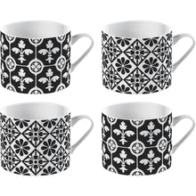 Load image into Gallery viewer, “Encaustic Tile” 4-Piece Set of Fine China Mini Mugs (Coffee espresso cups) by Creative Tops. Enjoy a hot drink with family and friends with this pretty Black and White set of 4 espresso cups, made from fine china in a combination of 2 designs, combining Fleur de Lys and petal pattern. A vintage unique product.  Presented in a stylish old gift box, making it the perfect gift for anyone who loves coffee.