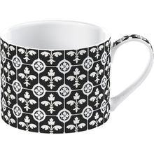 Load image into Gallery viewer, “Encaustic Tile” 4-Piece Set of Fine China Mini Mugs (Coffee espresso cups) by Creative Tops. Enjoy a hot drink with family and friends with this pretty Black and White set of 4 espresso cups, made from fine china in a combination of 2 designs, combining Fleur de Lys and petal pattern. A vintage unique product.  Presented in a stylish old gift box, making it the perfect gift for anyone who loves coffee.