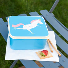 Load image into Gallery viewer, 'The lovely  lunch box comes with a fun Magical Unicorn print. A perfect fit for a sandwich and snack, perfect for picnics and school lunches! Blue and rainbow children's lunch box, easy to wash and carry. Match it with others Ali the magical Unicorn kitchenware kids set!' BPA free plastic. Dishwasher safe (excluding lid), Not for microwave or oven
