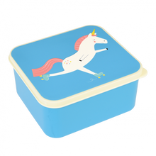 Load image into Gallery viewer, 'The lovely  lunch box comes with a fun Magical Unicorn print. A perfect fit for a sandwich and snack, perfect for picnics and school lunches! Blue and rainbow children's lunch box, easy to wash and carry. Match it with others Ali the magical Unicorn kitchenware kids set!' BPA free plastic. Dishwasher safe (excluding lid), Not for microwave or oven