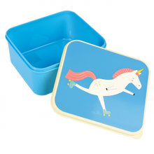Load image into Gallery viewer, 'The lovely  lunch box comes with a fun Magical Unicorn print. A perfect fit for a sandwich and snack, perfect for picnics and school lunches! Blue and rainbow children's lunch box, easy to wash and carry. Match it with others Ali the magical Unicorn kitchenware kids set!' BPA free plastic. Dishwasher safe (excluding lid), Not for microwave or oven