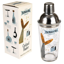Load image into Gallery viewer, Who needs a bartender when you've got a gorgeous Modern Man design glass cocktail shaker (and a how-to guide!) 450ml volume Screwdriver, Whiskey Sour and Classic Martini recipes printed on the bottle. Material Metal, Cardboard, Glass Dimensions: Length: 8 cm Height: 22 cm Width: 8 cm   Party accessories / items for dining and drinking