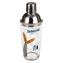 Load image into Gallery viewer, Who needs a bartender when you've got a gorgeous Modern Man design glass cocktail shaker (and a how-to guide!) 450ml volume Screwdriver, Whiskey Sour and Classic Martini recipes printed on the bottle. Material Metal, Cardboard, Glass Dimensions: Length: 8 cm Height: 22 cm Width: 8 cm   Party accessories / items for dining and drinking