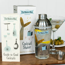 Load image into Gallery viewer, Who needs a bartender when you've got a gorgeous Modern Man design glass cocktail shaker (and a how-to guide!) 450ml volume Screwdriver, Whiskey Sour and Classic Martini recipes printed on the bottle. Material Metal, Cardboard, Glass Dimensions: Length: 8 cm Height: 22 cm Width: 8 cm   Party accessories / items for dining and drinking
