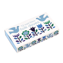 Load image into Gallery viewer, 'Pocket-sized pack of mini nails files, featuring pretty Folk Blue Doves design, this fashion and portable accessory contains 12 hand file, useful to bring with you everywhere you go. Do not give up the care of your nails, do your manicure, even when you're in a hurry. Combine it with other products such as the portable brush with the same design!'      Material: card, foam, emery      Nail file measures: 7cm (length) x height 0.2 cm 1cm (width)