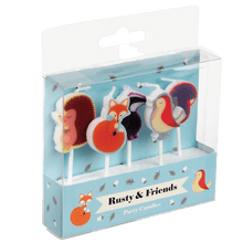 Load image into Gallery viewer, 15 adorable friends of the wood party candles - Rusty the Fox candles decorations bring a smile to the birthday boy or girls face, each candle measures approx. 8cm including stick. Characters featured: Rusty the Fox Honey the Hedgehog Mr Badger Nutty the Squirrel Ryan the Robin. Have a great celebration! Material: Plastic, Paraffin 3 packs: 15 candles totally