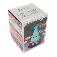 Load image into Gallery viewer, Lovely and Brightly Coloured Cone Teepee Tent Shaped, Incense Cone Holder/Burner - Home decor item and gift idea. Item on high demand! Historical reference: native Americans tent. When the incense cones burn, the funny smock comes out from the top! American Indian Boho style      Material Hand Painted Ceramic     Size: Height 10.5cm X W 8.5 cm X Diameter base 8.5 cm     Style: Boho Teepee     Incense cone included     Gift box included