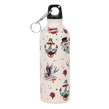 Load image into Gallery viewer, TATTOO METAL WATER BOTTLE Ditch the plastic and instead try this lightweight, reusable metal water bottle. Inspired by traditional tattoo styles this bottle features skulls, anchors and swallows for a bold and alternative style. Exclusive to us at Something Different and part of our 'Tattoo Parlour' collection. Aluminium  Height 21.7cm x Width 6.9cm x Diameter 6.9cm  Cool colourful sailor and pin up style