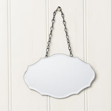 Load image into Gallery viewer, 'Small Chantilly Bevelled Mirror' A quirky hanging lovely mirror perfect for mirror displays - place it in your hallway or bedroom and decorate plain walls. French shabby chic style, cute home decor item and gift ideas.      Width (horizontal): 19 cm     Length (vertical): 12 cm     Full length including chain: 15 cm     Adjustable chain - loop the chain through the d-rings on the reverse and clip together at your desired length.