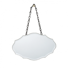 Load image into Gallery viewer, 'Small Chantilly Bevelled Mirror' A quirky hanging lovely mirror perfect for mirror displays - place it in your hallway or bedroom and decorate plain walls. French shabby chic style, cute home decor item and gift ideas.      Width (horizontal): 19 cm     Length (vertical): 12 cm     Full length including chain: 15 cm     Adjustable chain - loop the chain through the d-rings on the reverse and clip together at your desired length.