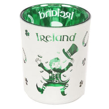 Load image into Gallery viewer, '2 pcs - Lucky Leprechaun Ireland set of 2 glass tea light votive holders' This article has a bicolour tone (white and green) with a lovely design. It is a perfect gift for St. Patrick's day lovers'.      Material: Metallic, Glass     Number in Set: 2     For Use With: Tea Light or Votive Candle     Candle Included: Yes     Dimensions: Height 6.5cm Width 5cm Depth 5cm